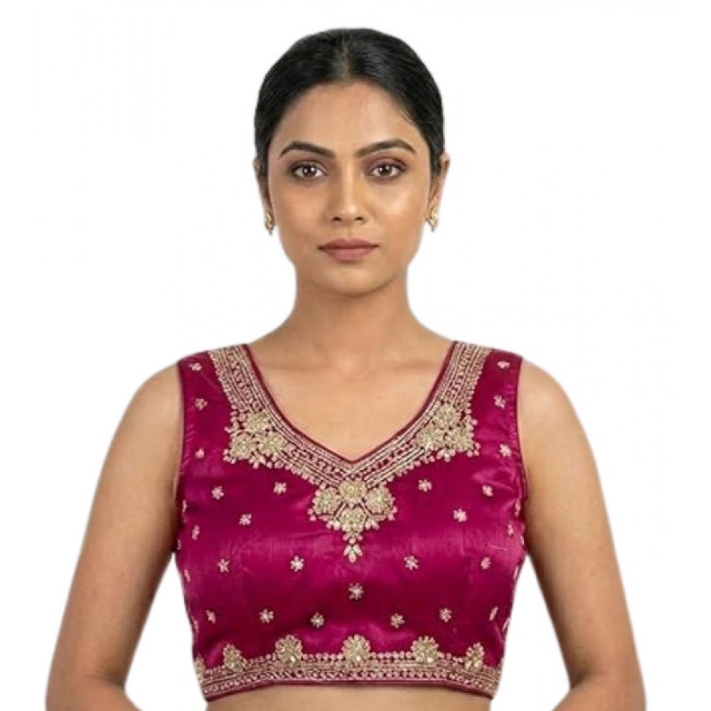 Women's Silk Embroidered V-Neck Sleeveless Readymade Padded Blouse (Pink, Size 38) - Image 2