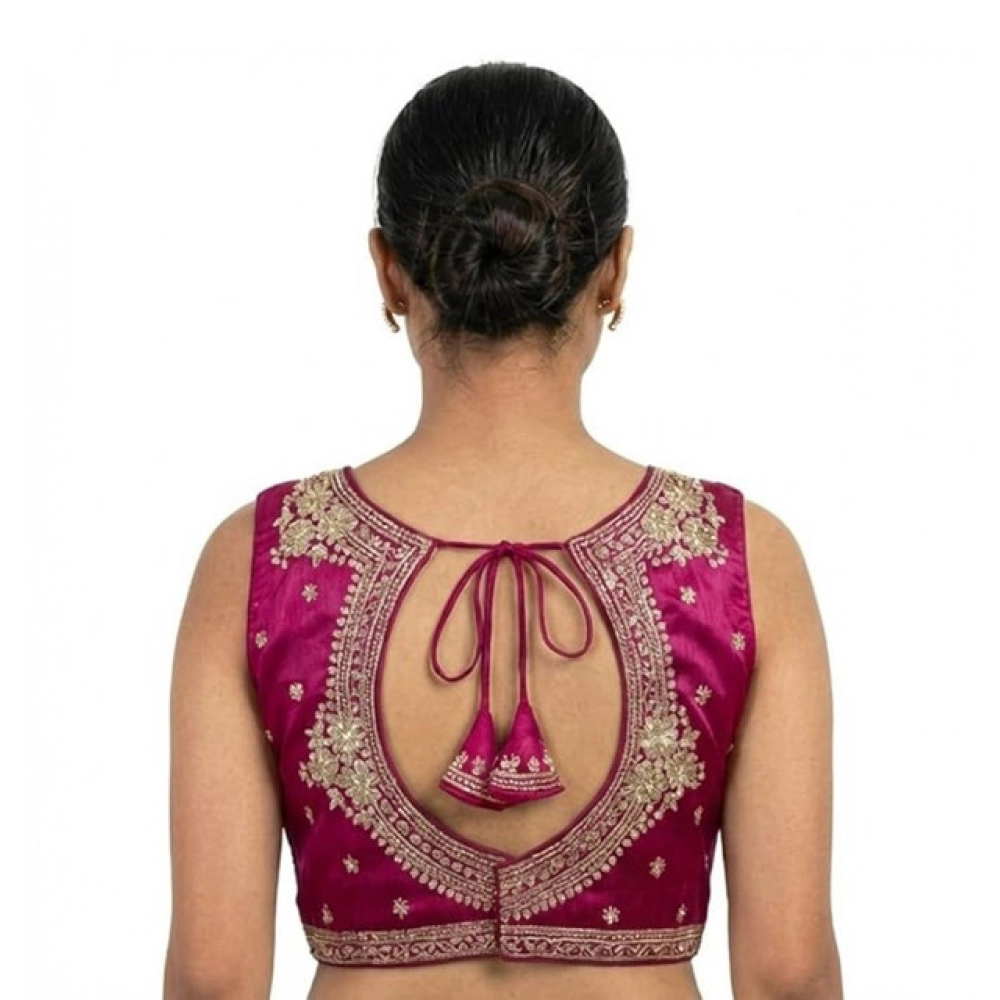 Women's Silk Embroidered V-Neck Sleeveless Readymade Padded Blouse (Pink, Size 38) - Image 3