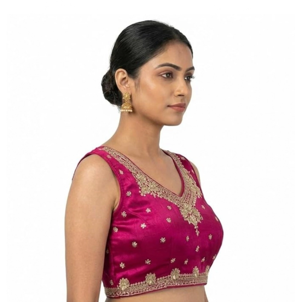 Women's Silk Embroidered V-Neck Sleeveless Readymade Padded Blouse (Pink, Size 38) - Image 4
