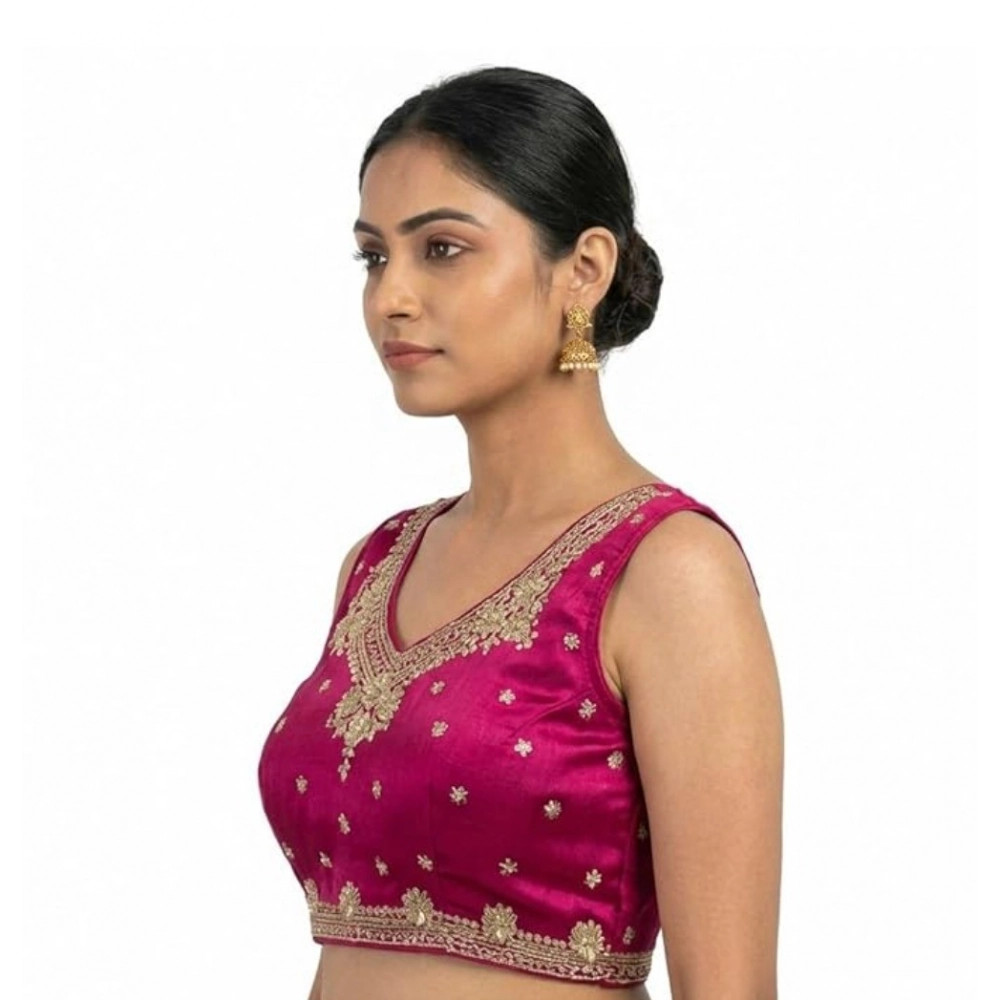 Women's Silk Embroidered V-Neck Sleeveless Readymade Padded Blouse (Pink, Size 38) - Image 5