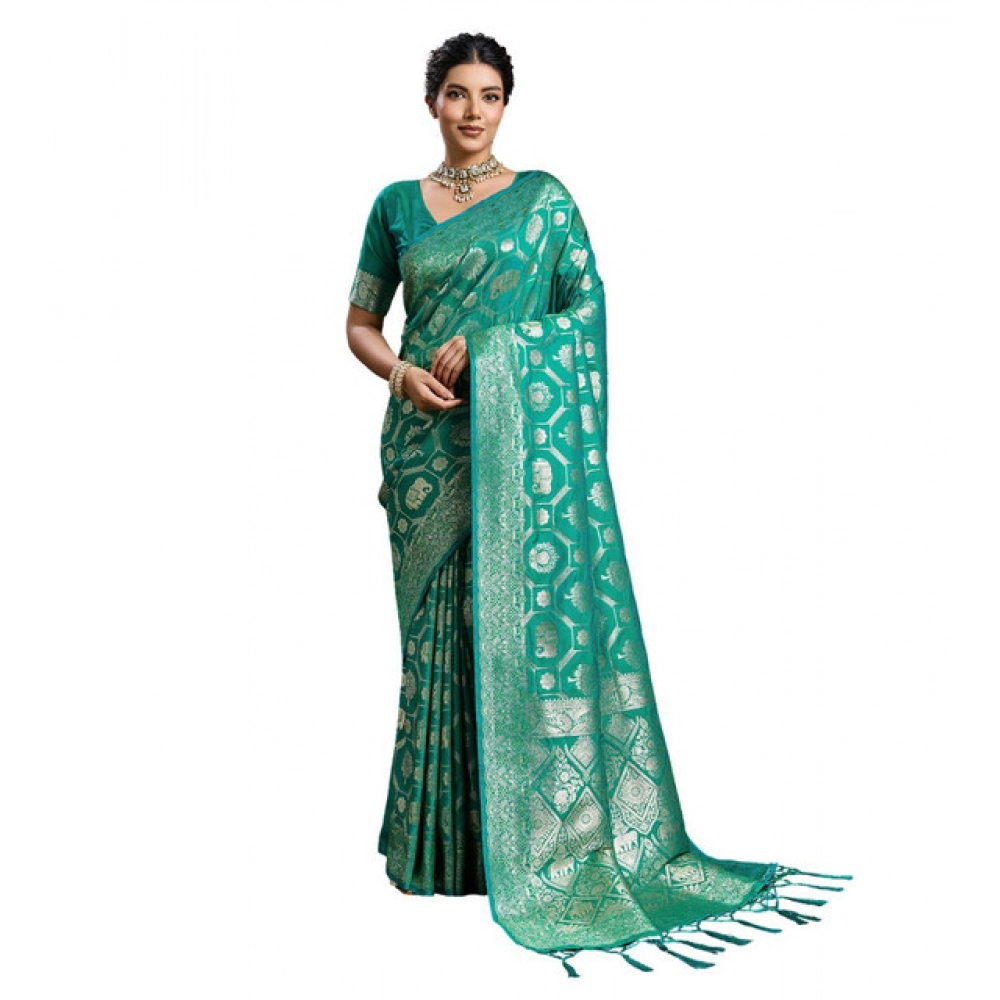 Women's Silk Blend Printed Saree With Unstitched Blouse 5.5Mtr (Rama Green) - Image 2