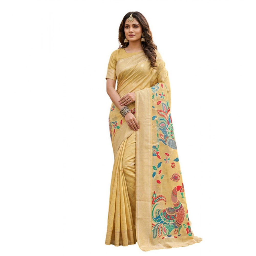Women's Linen Cotton Floral Embroidered Saree With Unstitched Blouse 5.5Mtr (Yellow) - Image 2
