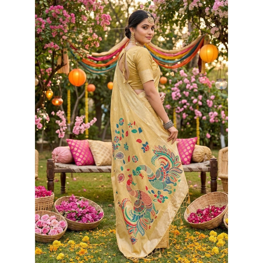 Women's Linen Cotton Floral Embroidered Saree With Unstitched Blouse 5.5Mtr (Yellow) - Image 3