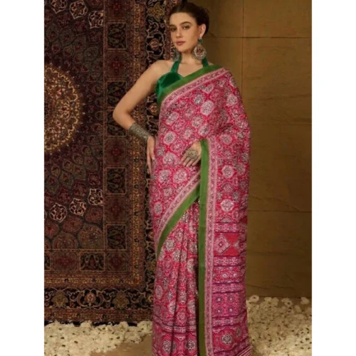 Women's Crepe Printed Saree With Unstitched Blouse 5.5Mtr (Pink)