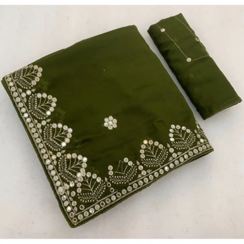 Women's Georgette Embellished Saree With Unstitched Blouse 5.5Mtr (Green)