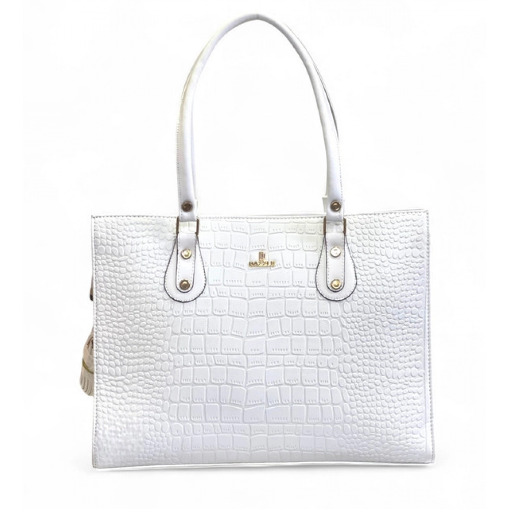 Women's Polyurethane Croco Shoulder Tote Bag (White) - Image 6