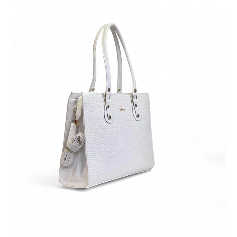 Women's Polyurethane Croco Shoulder Tote Bag (White) - Image 5