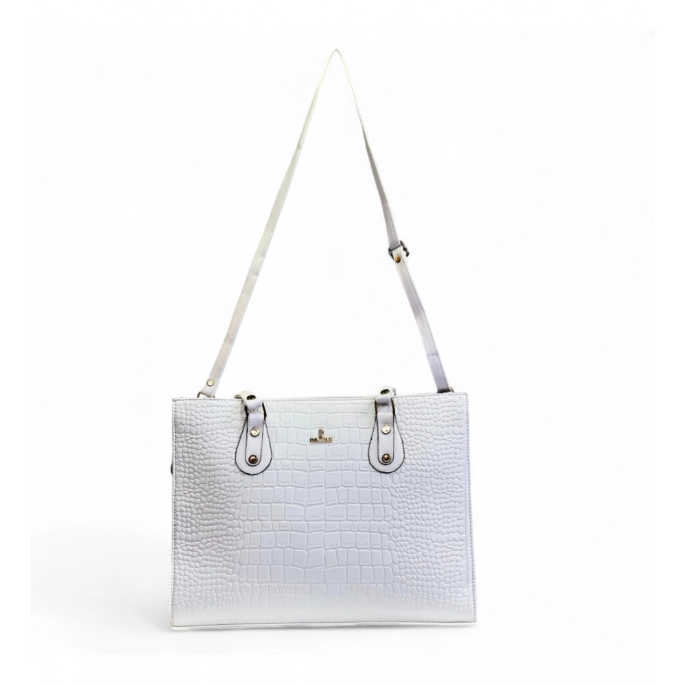 Women's Polyurethane Croco Shoulder Tote Bag (White) - Image 3