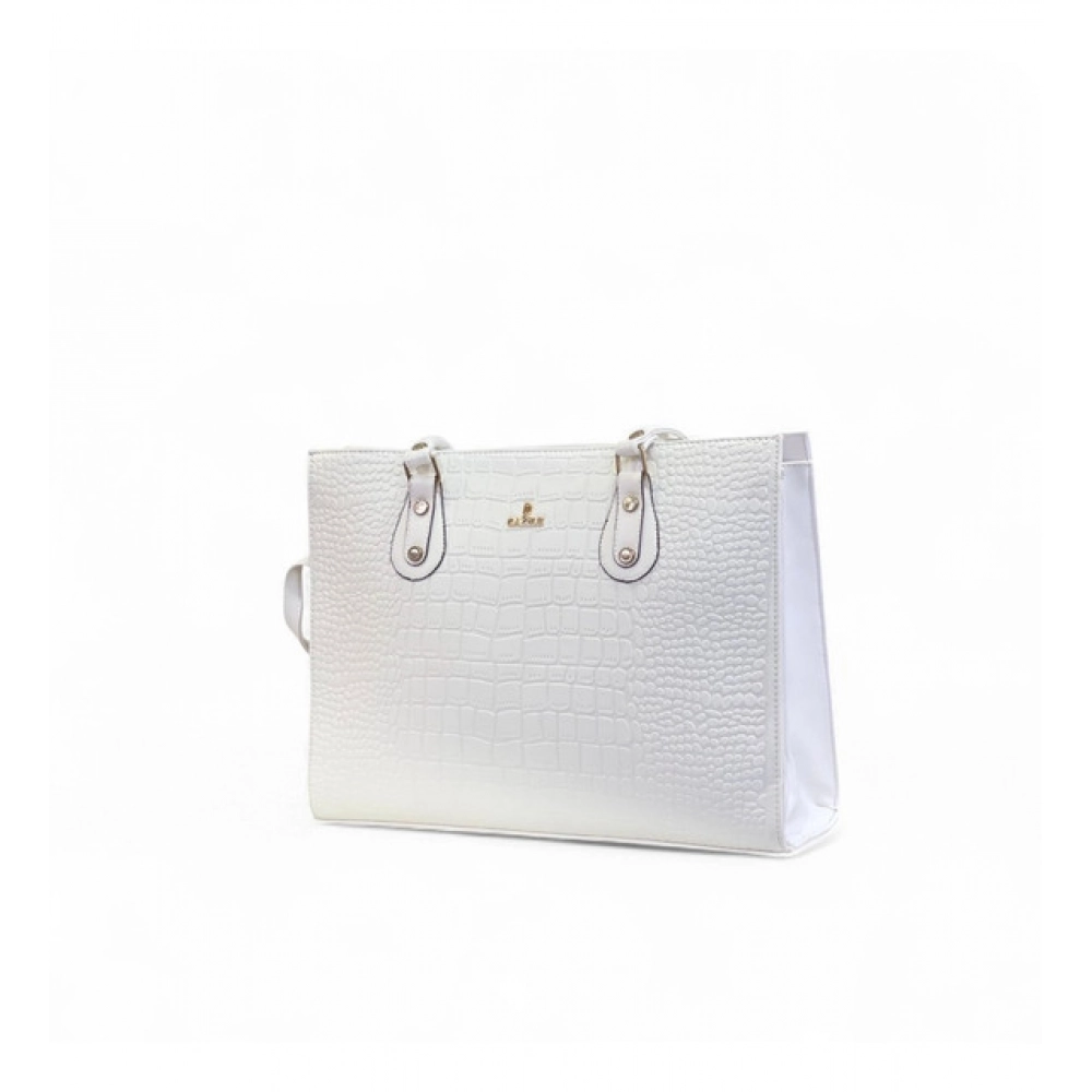 Women's Polyurethane Croco Shoulder Tote Bag (White) - Image 2