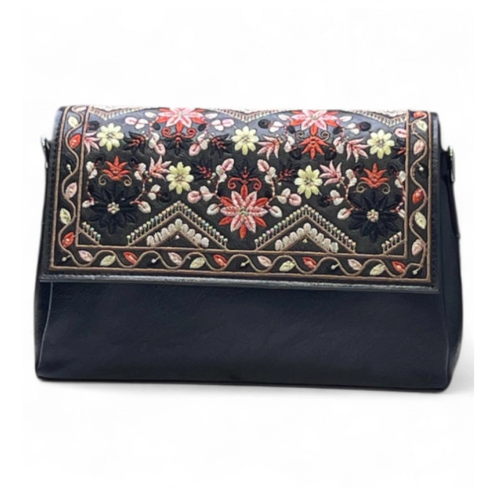 Women's Polyurethane Floral Embroidered Crossbody Sling Bag with Adjustable & Removable Strap (Black) - Image 4