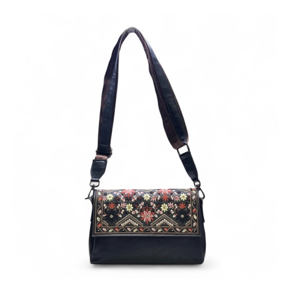 Women's Polyurethane Floral Embroidered Crossbody Sling Bag with Adjustable & Removable Strap (Black) - Image 3