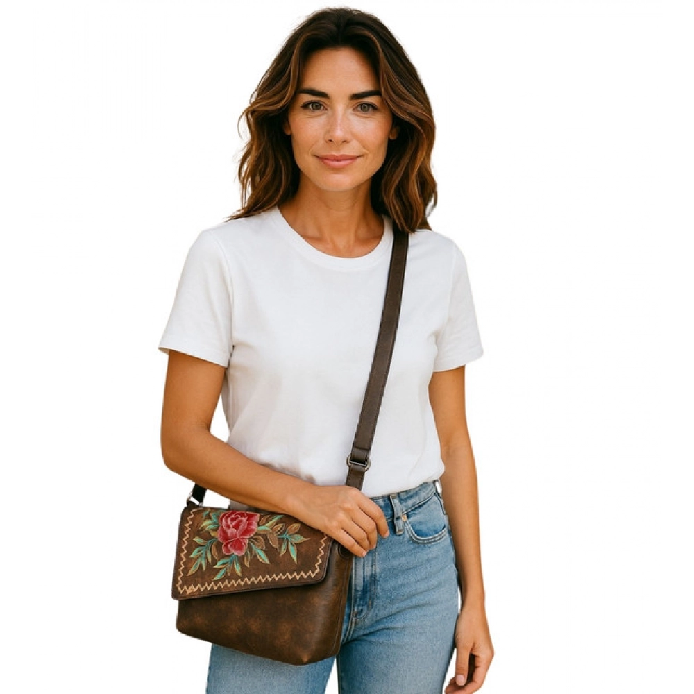 Women's Polyurethane Floral Embroidered Crossbody Sling Bag with Adjustable & Removable Strap (Brown) - Image 6
