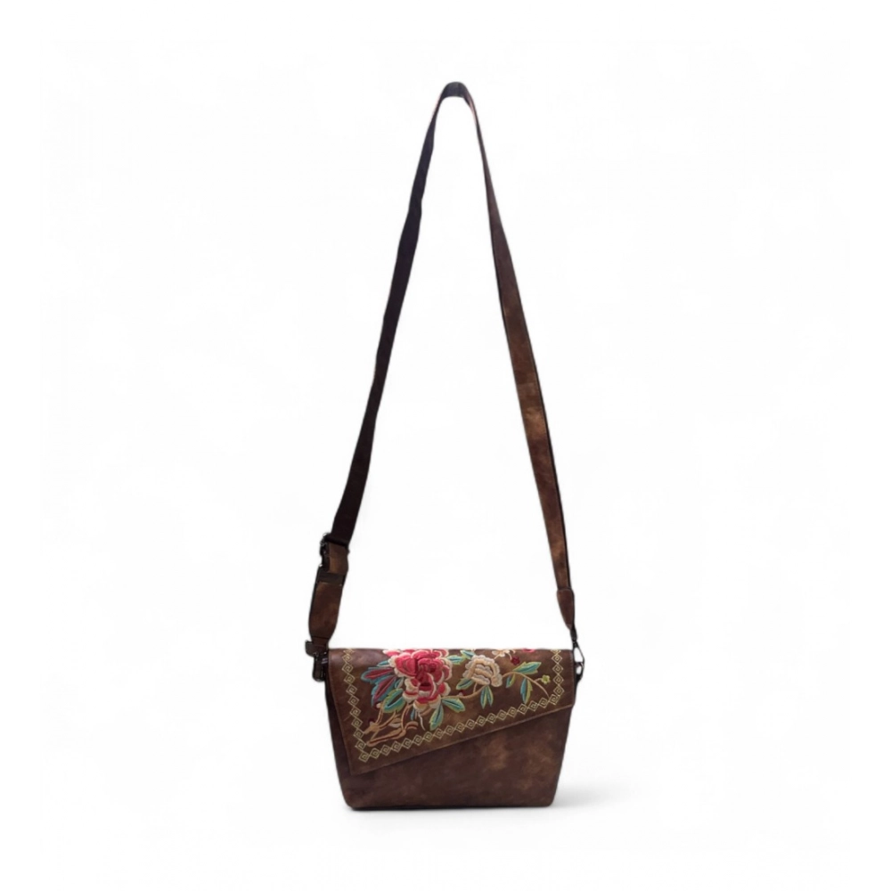Women's Polyurethane Floral Embroidered Crossbody Sling Bag with Adjustable & Removable Strap (Brown) - Image 5