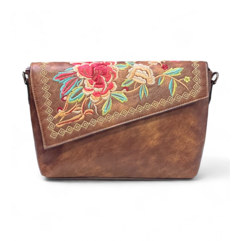 Women's Polyurethane Floral Embroidered Crossbody Sling Bag with Adjustable & Removable Strap (Brown) - Image 3