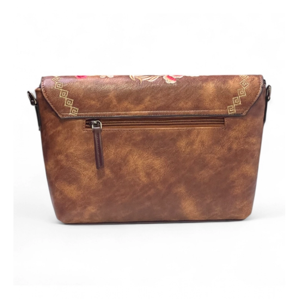 Women's Polyurethane Floral Embroidered Crossbody Sling Bag with Adjustable & Removable Strap (Brown) - Image 2