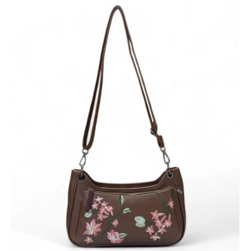 Women's Polyurethane Floral Embroidered Crossbody Sling Bag with Adjustable & Removable Strap (Brown)
