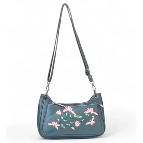 Women's Polyurethane Floral Embroidered Crossbody Sling Bag with Adjustable & Removable Strap (Light Blue)