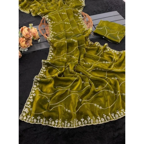 Women's Jimmy Choo Embellished Saree With Unstitched Blouse 5.5Mtr (Green)