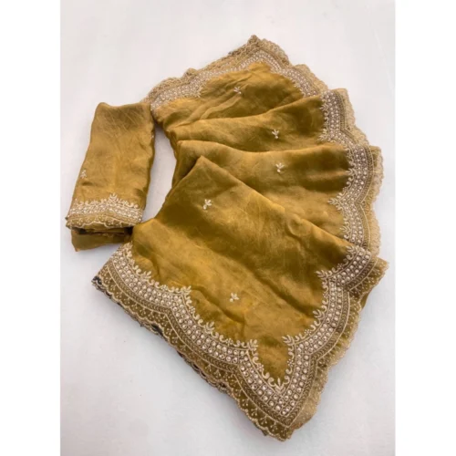 Women's Satin Embellished Saree With Unstitched Blouse 5.5Mtr (Olive-Green)