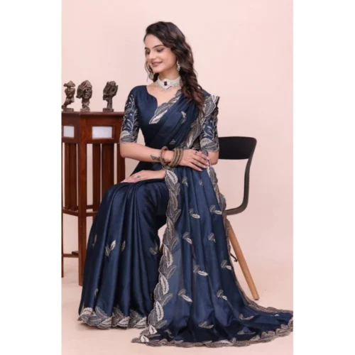 Women's Georgette Embroidered Saree With Unstitched Blouse 5.5Mtr (Navy Blue)