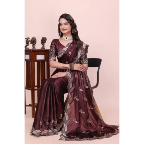 Women's Georgette Embroidered Saree With Unstitched Blouse 5.5Mtr (Wine)