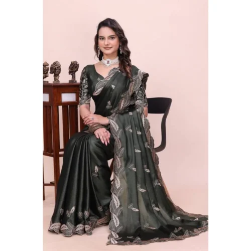 Women's Georgette Embroidered Saree With Unstitched Blouse 5.5Mtr (Charcoal Green)