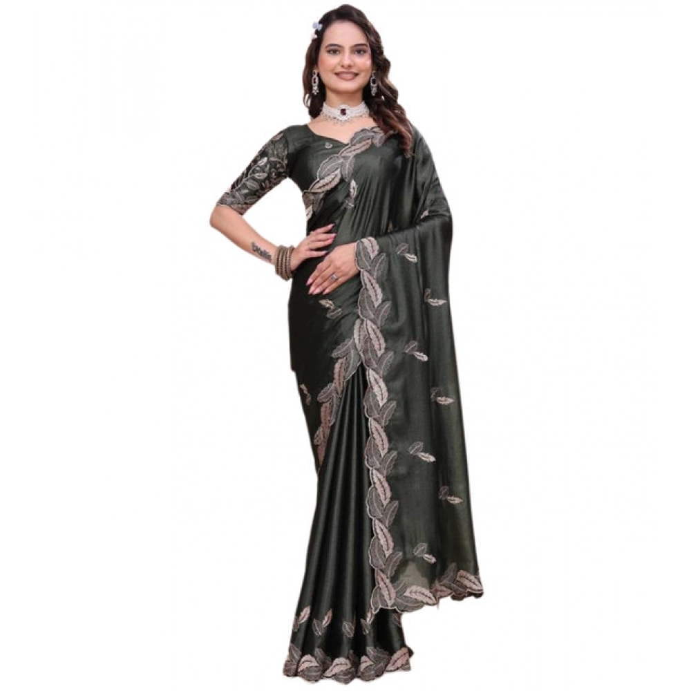 Women's Georgette Embroidered Saree With Unstitched Blouse 5.5Mtr (Charcoal Green) - Image 2