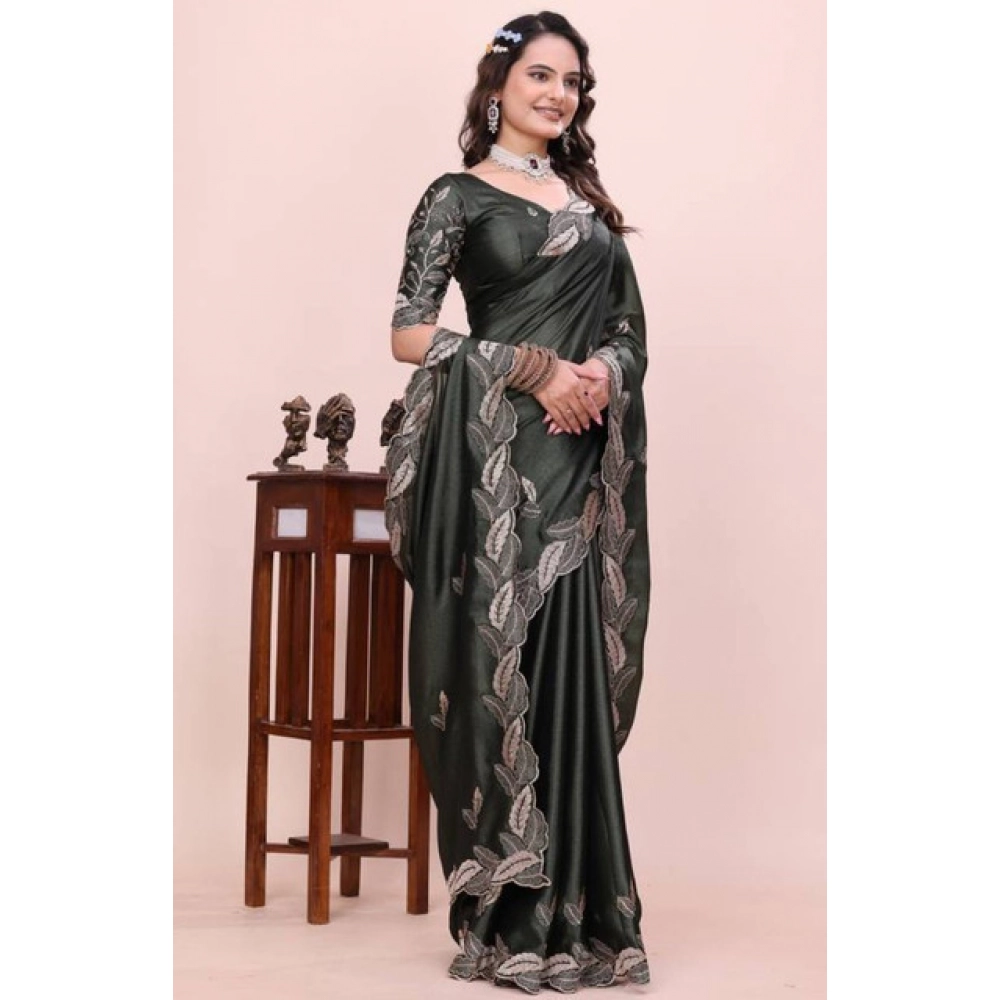 Women's Georgette Embroidered Saree With Unstitched Blouse 5.5Mtr (Charcoal Green) - Image 3
