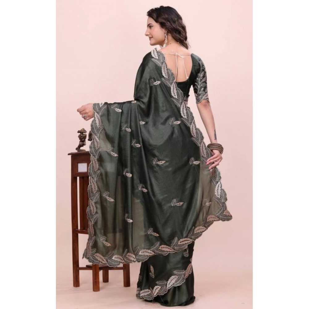 Women's Georgette Embroidered Saree With Unstitched Blouse 5.5Mtr (Charcoal Green) - Image 4