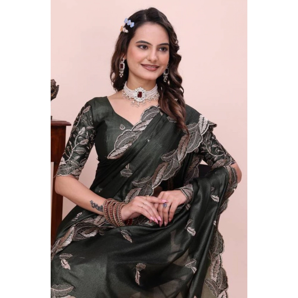 Women's Georgette Embroidered Saree With Unstitched Blouse 5.5Mtr (Charcoal Green) - Image 5