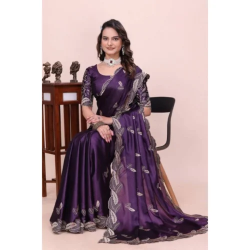 Women's Georgette Embroidered Saree With Unstitched Blouse 5.5Mtr (Purple)