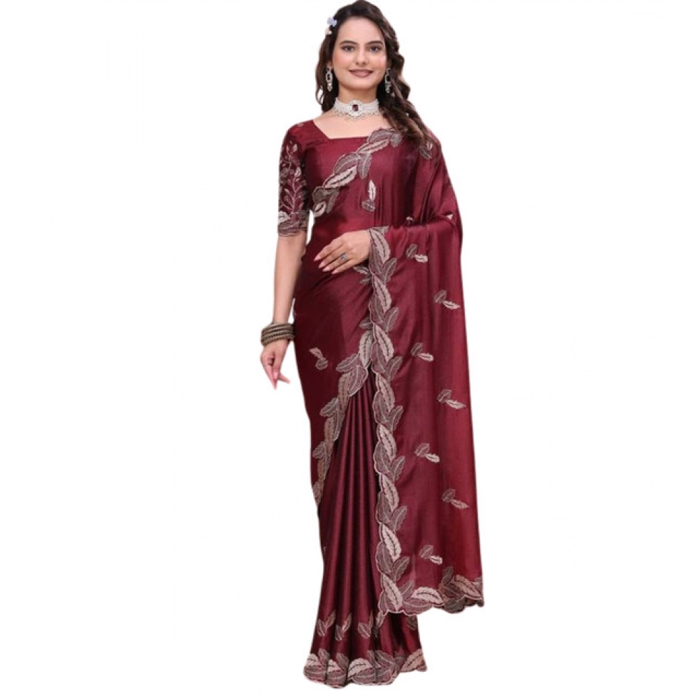 Women's Georgette Embroidered Saree With Unstitched Blouse 5.5Mtr (Maroon) - Image 2