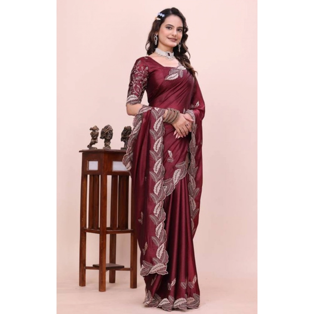 Women's Georgette Embroidered Saree With Unstitched Blouse 5.5Mtr (Maroon) - Image 3