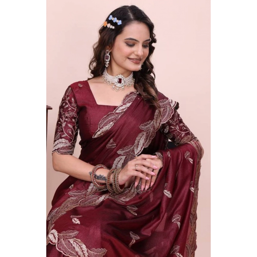 Women's Georgette Embroidered Saree With Unstitched Blouse 5.5Mtr (Maroon) - Image 5