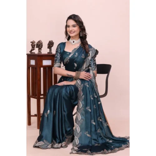 Women's Georgette Embroidered Saree With Unstitched Blouse 5.5Mtr (Teal)