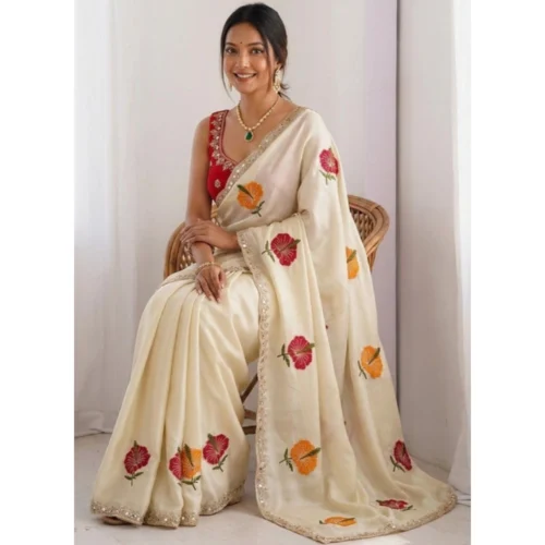 Women's Georgette Embellished Saree With Unstitched Blouse 5.5Mtr (Beige)