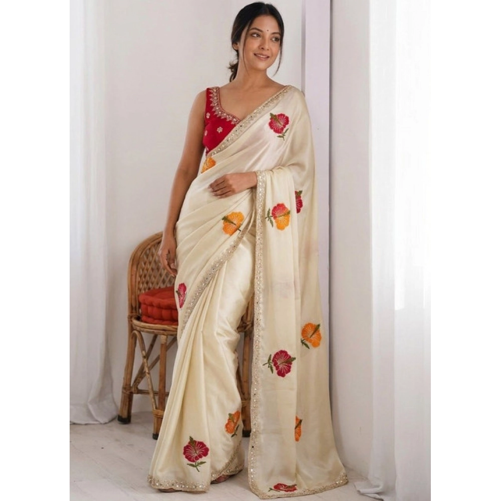 Women's Georgette Embellished Saree With Unstitched Blouse 5.5Mtr (Beige) - Image 3