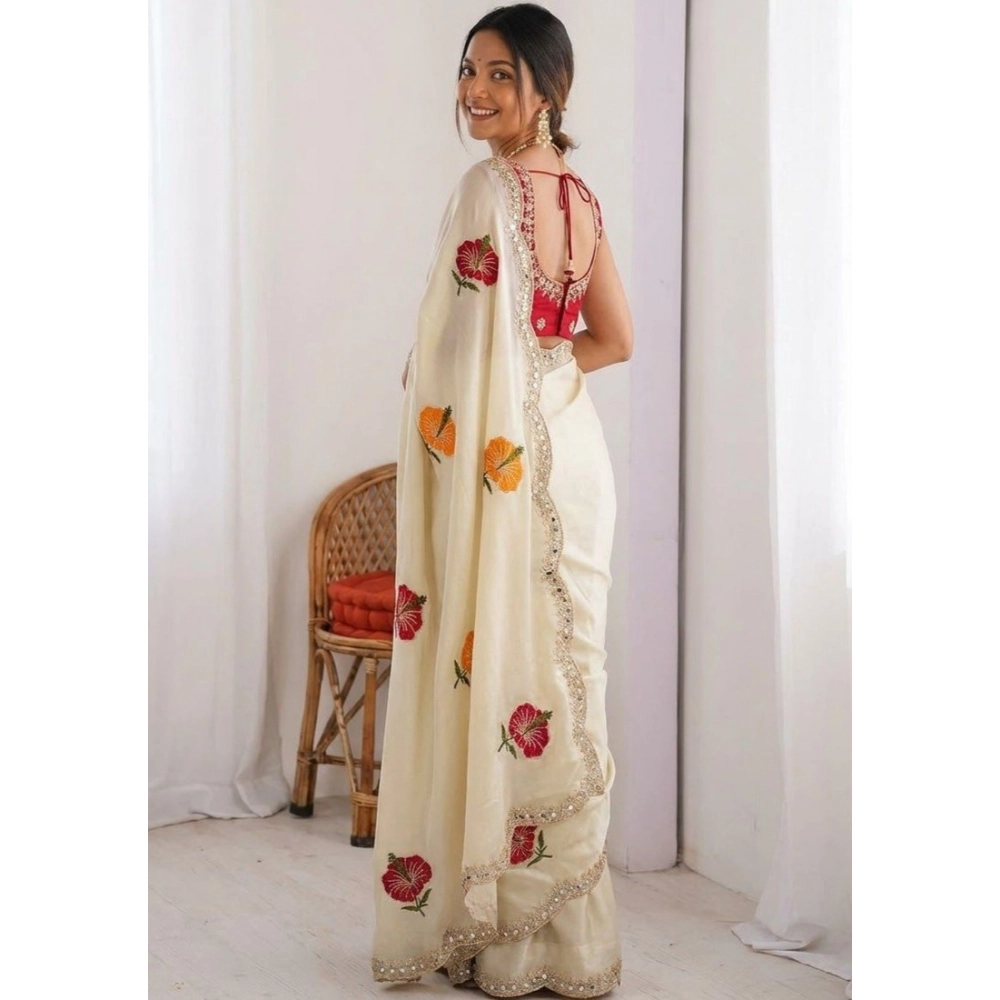Women's Georgette Embellished Saree With Unstitched Blouse 5.5Mtr (Beige) - Image 4