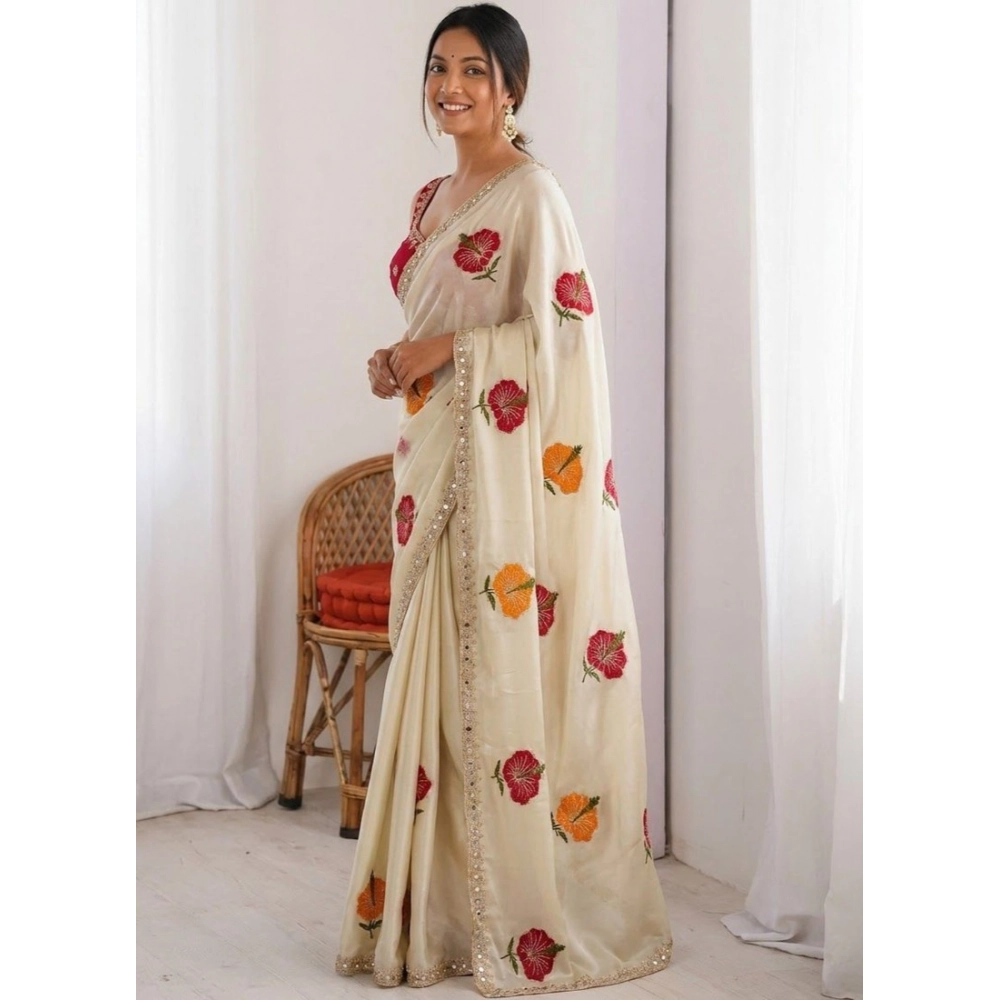 Women's Georgette Embellished Saree With Unstitched Blouse 5.5Mtr (Beige) - Image 5