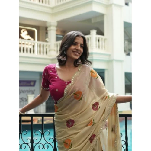 Women's Georgette Embellished Saree With Unstitched Blouse 5.5Mtr (Cream-Pink)
