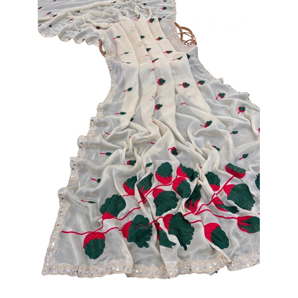 Women's Georgette Embellished Saree With Unstitched Blouse 5.5Mtr (Cream-Green) - Image 2
