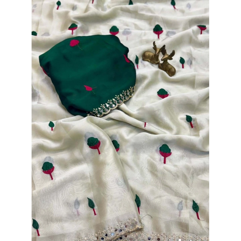 Women's Georgette Embellished Saree With Unstitched Blouse 5.5Mtr (Cream-Green) - Image 4