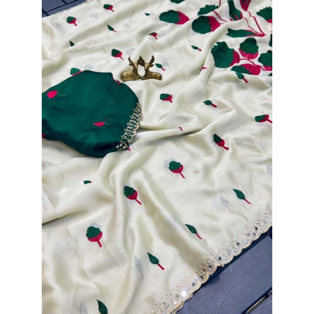 Women's Georgette Embellished Saree With Unstitched Blouse 5.5Mtr (Cream-Green) - Image 5