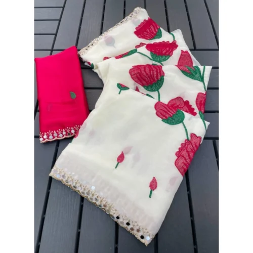 Women's Georgette Embellished Saree With Unstitched Blouse 5.5Mtr (Cream-Red)