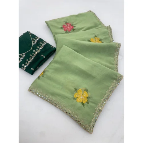 Women's Georgette Embellished Saree With Unstitched Blouse 5.5Mtr (Light Green)