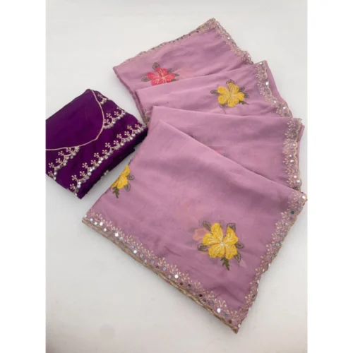 Women's Georgette Embellished Saree With Unstitched Blouse 5.5Mtr (Lavender)