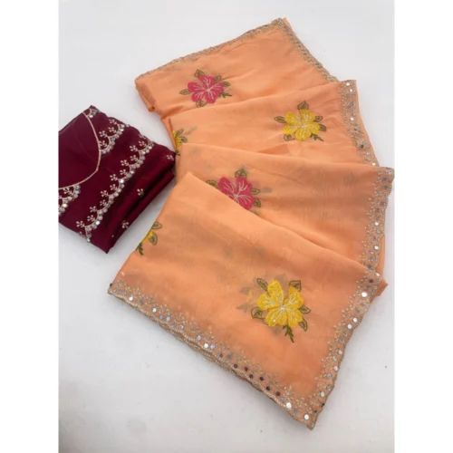 Women's Georgette Embellished Saree With Unstitched Blouse 5.5Mtr (Orange)