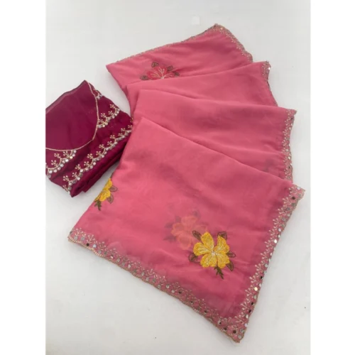 Women's Georgette Embellished Saree With Unstitched Blouse 5.5Mtr (Pink)