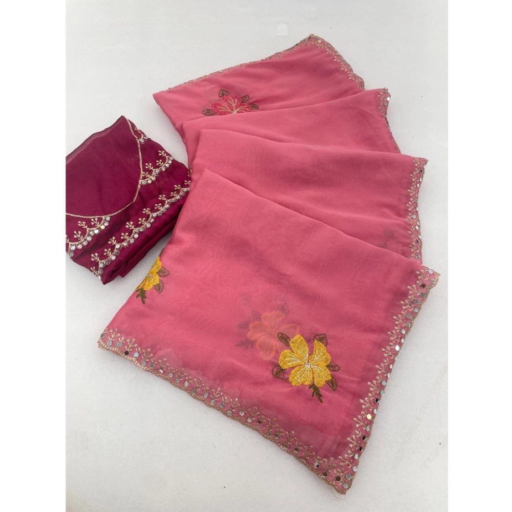 Women's Georgette Embellished Saree With Unstitched Blouse 5.5Mtr (Pink)