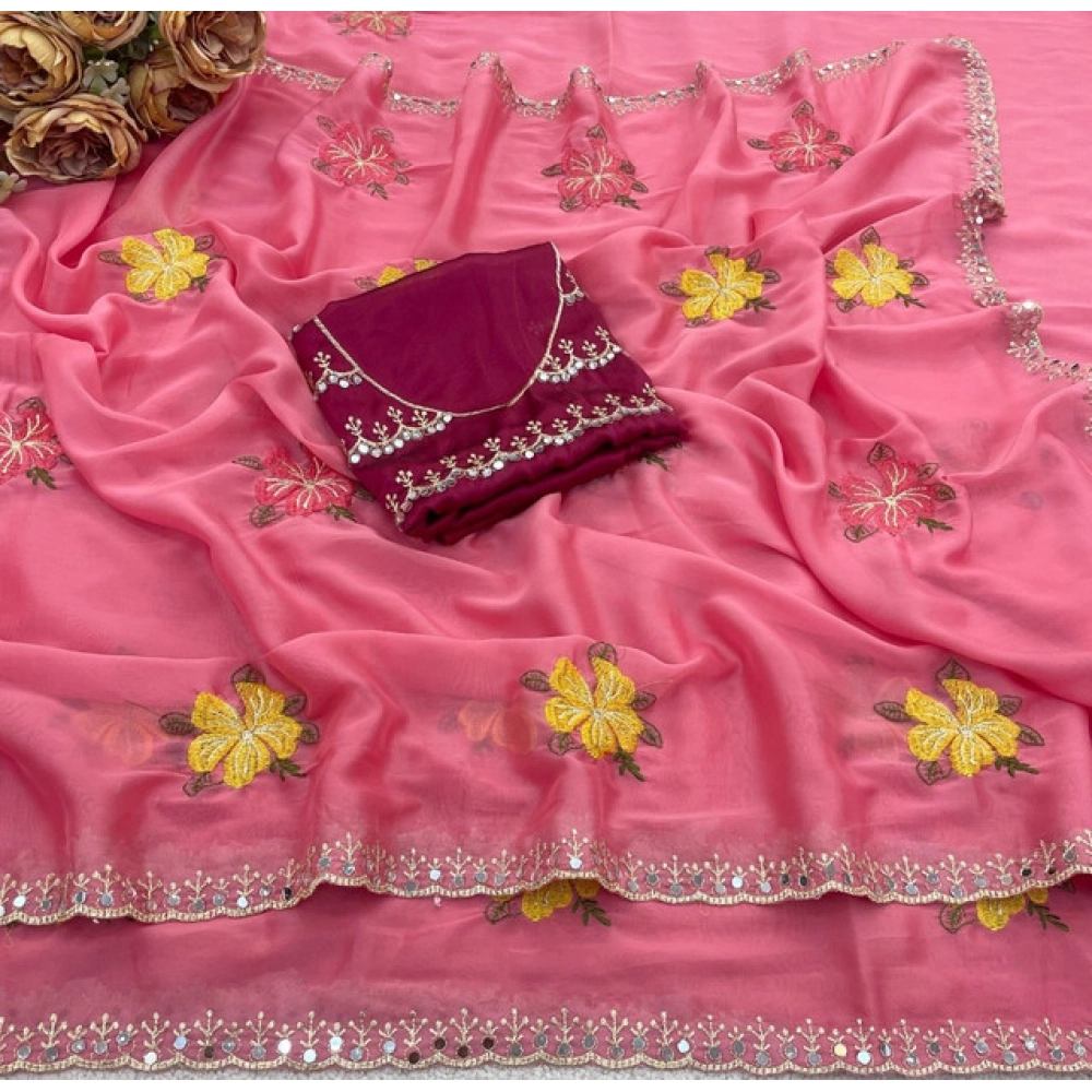 Women's Georgette Embellished Saree With Unstitched Blouse 5.5Mtr (Pink) - Image 3